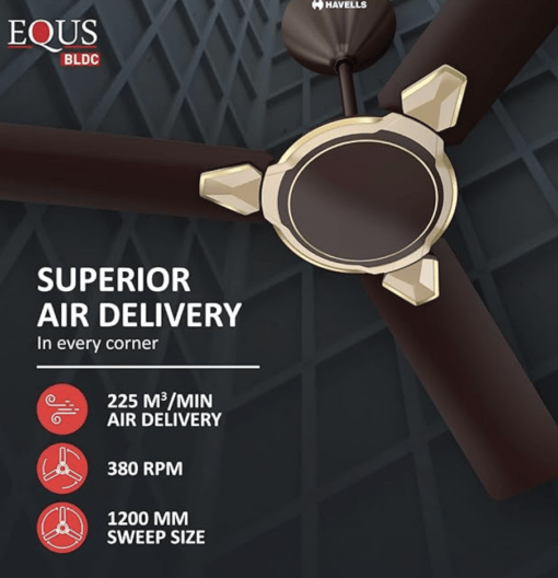 Havells 1200mm Equs BLDC Motor Ceiling Fan | 5 Star with RF Remote, 100% Copper, Upto 57% Energy Saving | ECO Active Technology, Flexible Timer Setting, Memory Backup | (Pack of 1, Smoke Brown) - Image 3
